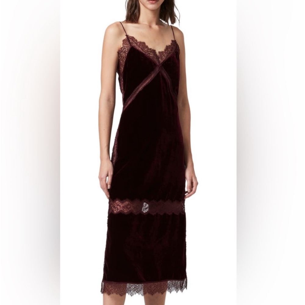 AllSaints Noa Velvet Slip in Oxblood